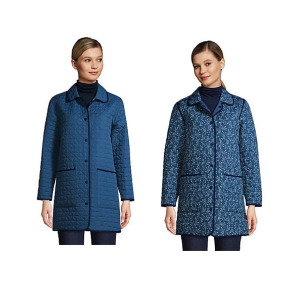 Lands End Reversible Insulated Barn Coat S Blue Floral Quilted Primaloft Chore - Picture 1 of 13